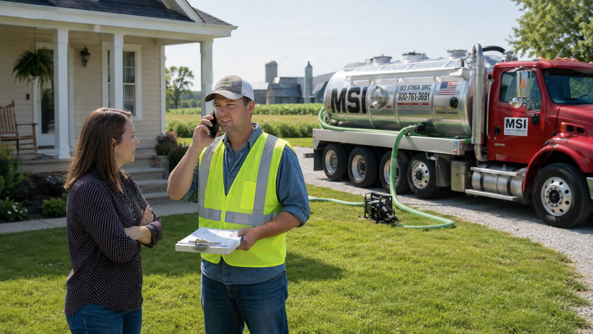 A Mikes Sanitation service worker providing a residential customer with septic system pumping