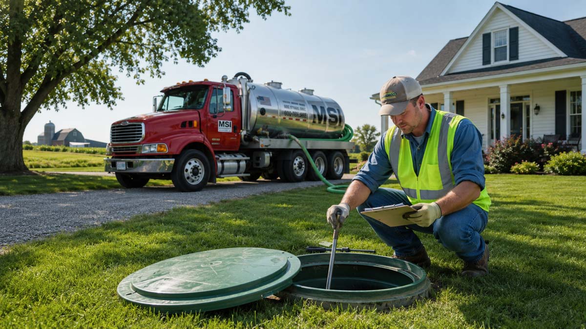 A Mikes Sanitation employee inspecting a residential septic tank