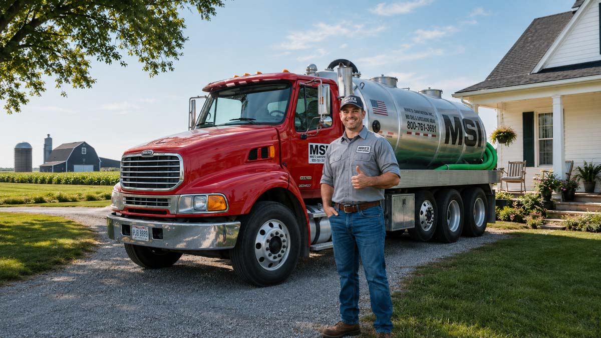 Mikes Sanitation Worker in Front of Septic Pumping Truck Minster Ohio