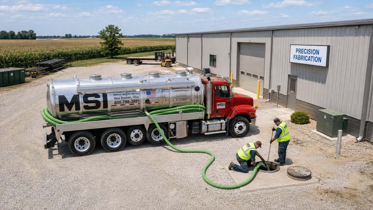 Mikes Sanitation truck performing commercial septic tank pumping