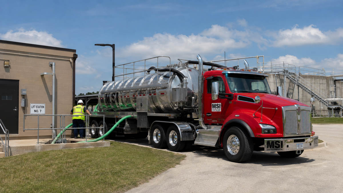 A Mikes Sanitation truck performing wastewater and infrastructure services