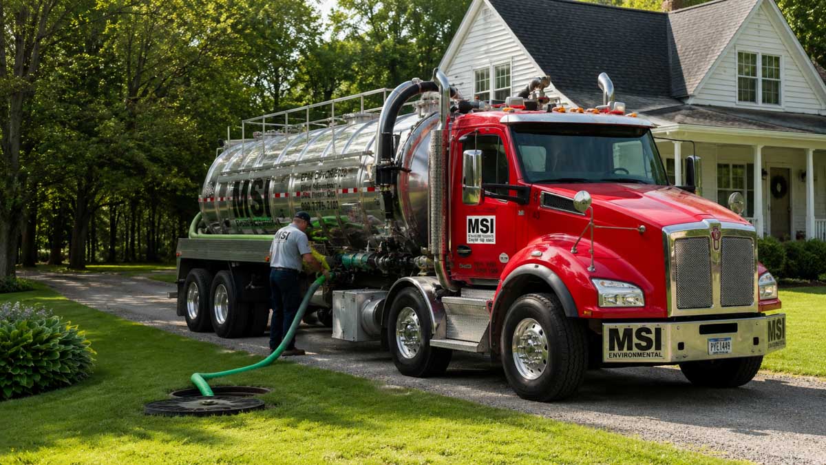 A Mikes Sanitation worker performs residential wastewater services