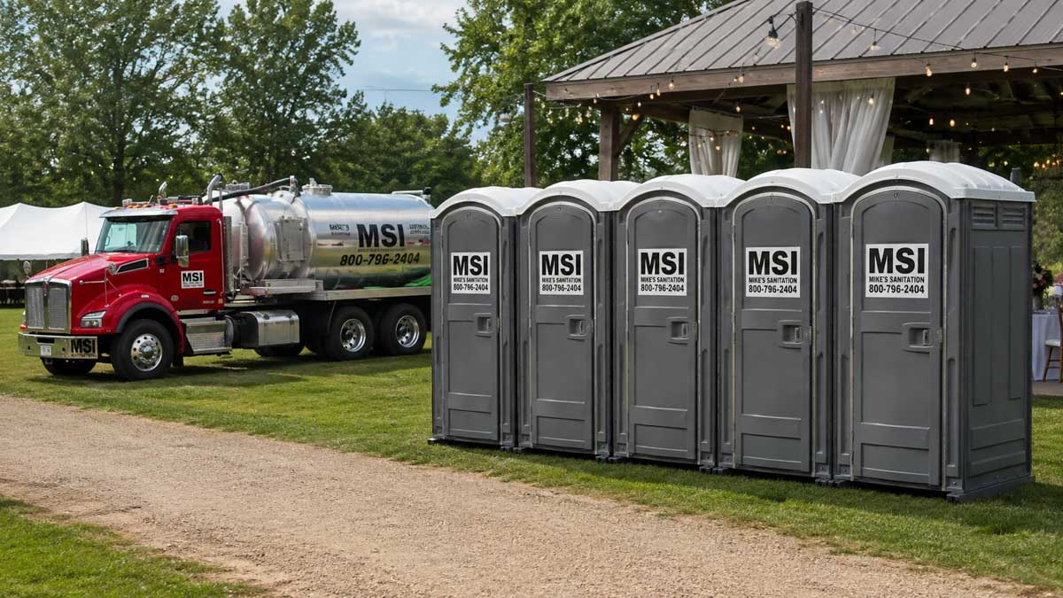 A Mikes Sanitation Truck dropping off portable toilet rentals