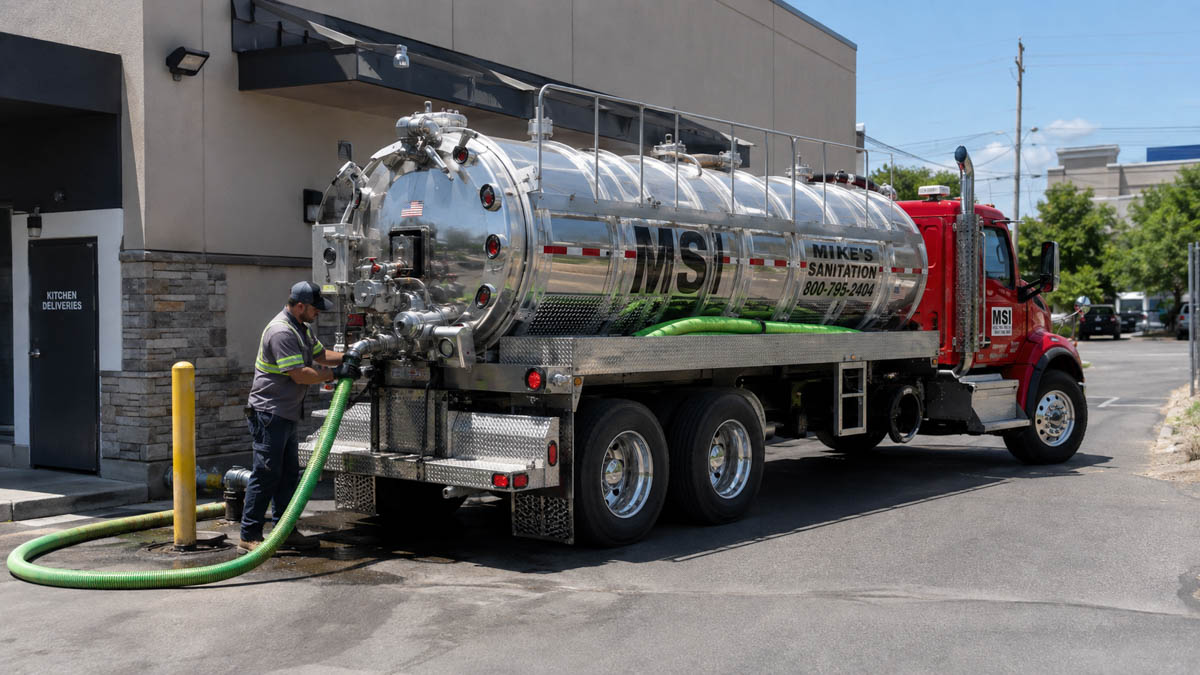 A Mikes Sanitation truck performing commercial wastewater services