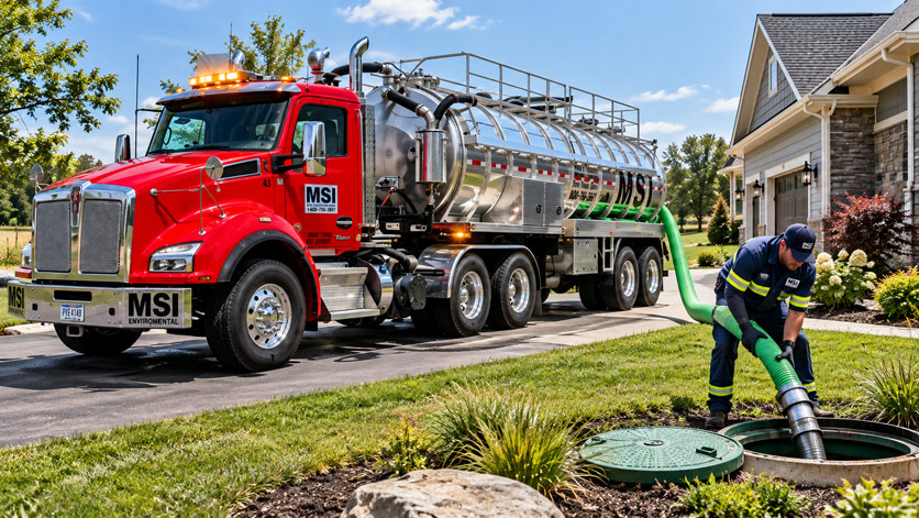 Mikes Sanitation truck pumping out a residential septic tank