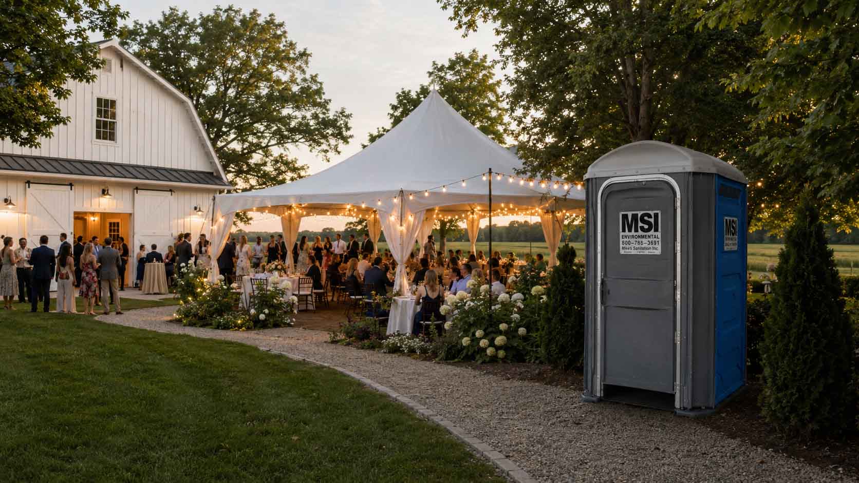 Portable restroom positioned near an outdoor wedding reception