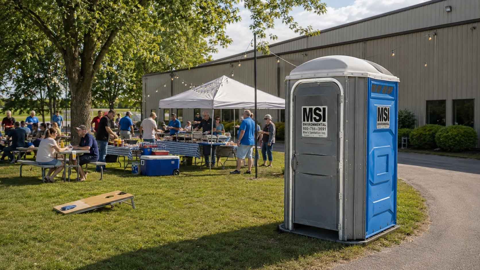 Portable restroom at a private outdoor party